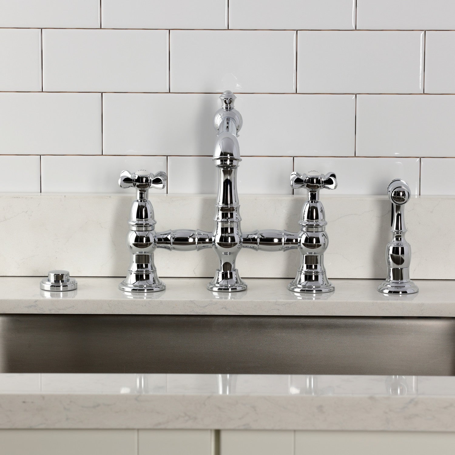 Kingston Tulare KS7271BEXBS - Essex Two-Handle 4-Hole Deck Mount Bridge Kitchen Faucet with Brass Sprayer, Polished Chrome — thumbnail 3